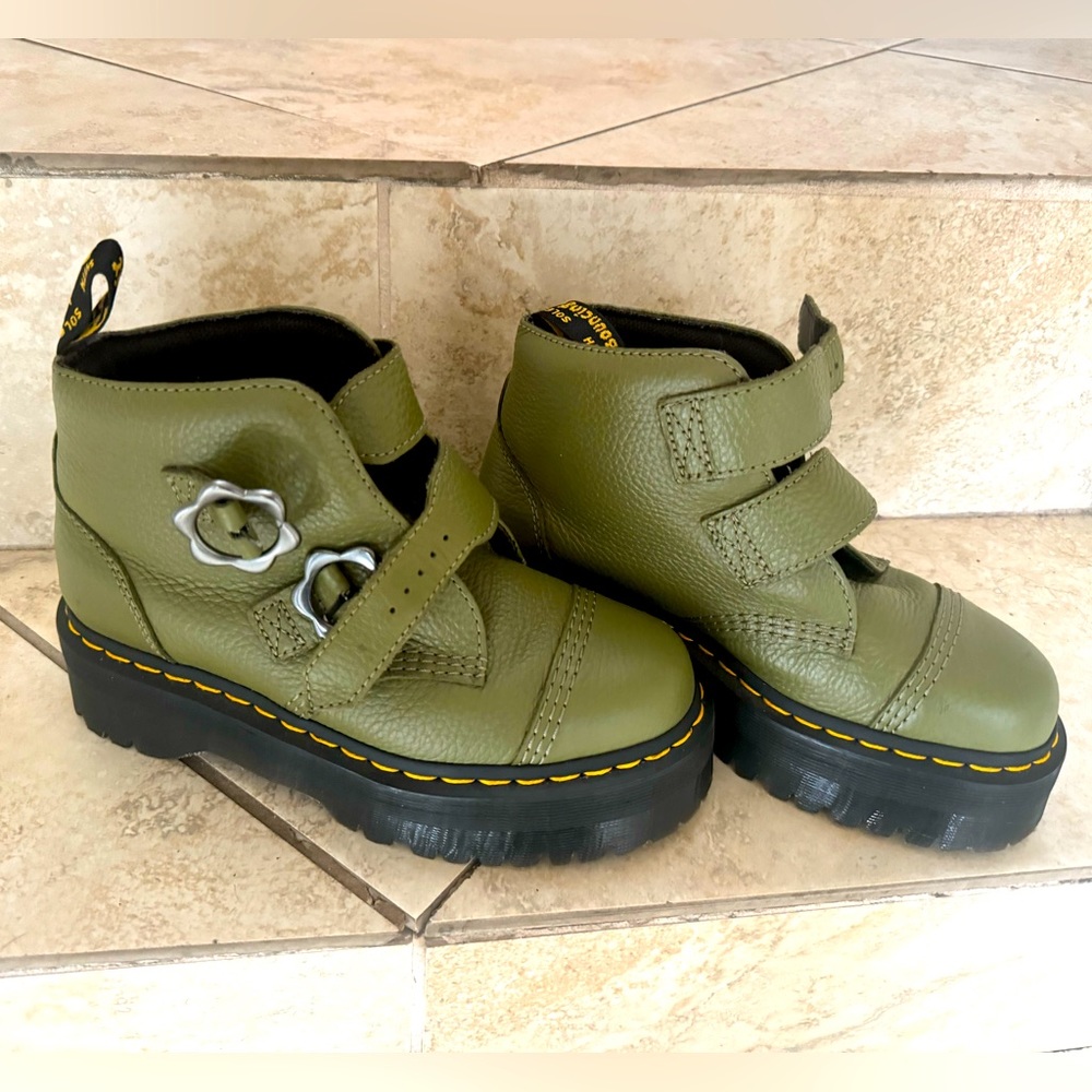 Dr. Martens olive green flower buckle boots Devon